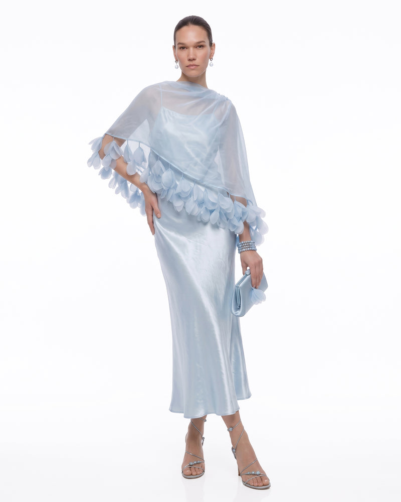 3D Floral-Trim Sheer Cape Satin Midi Dress - Light Blue