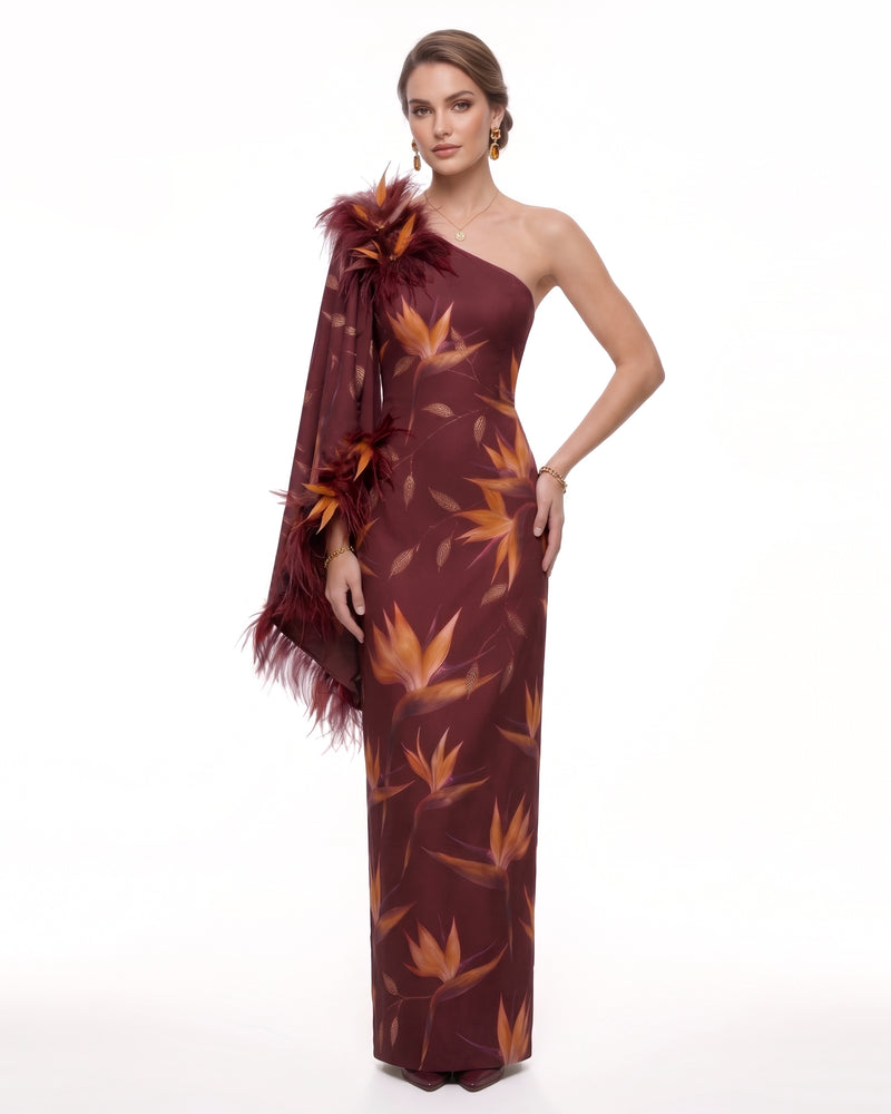 Bird of Paradise Feather-Trim One-Shoulder Maxi Dress - Burgundy