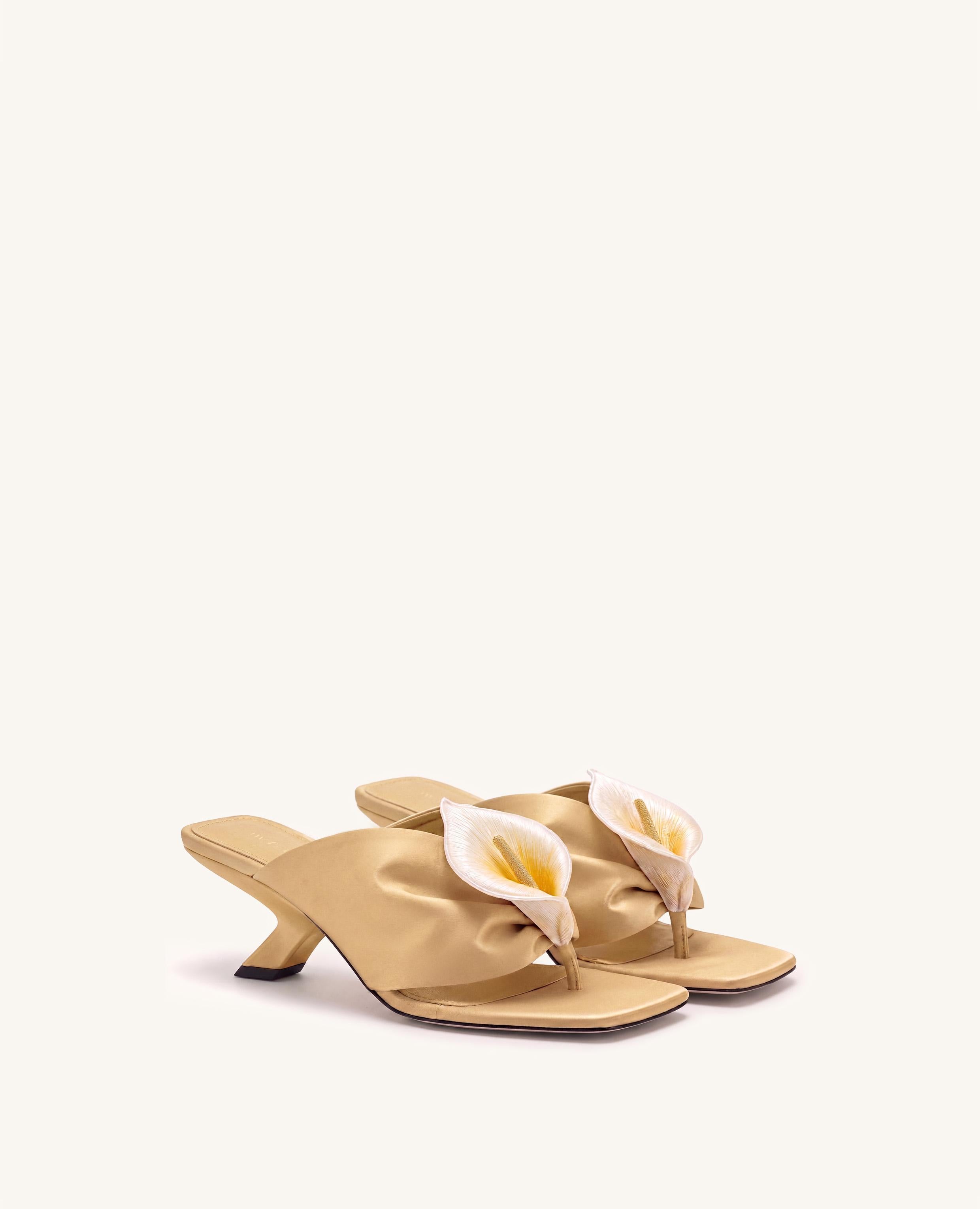 Bianca Calla Lily Ruched Toe-Post Heeled Sandals - Champagne