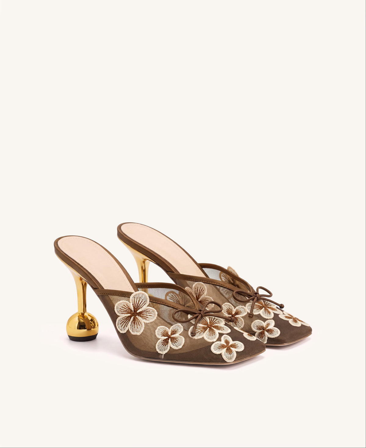 Mireille Floral Embroidered Bow Mesh Mules - Brown