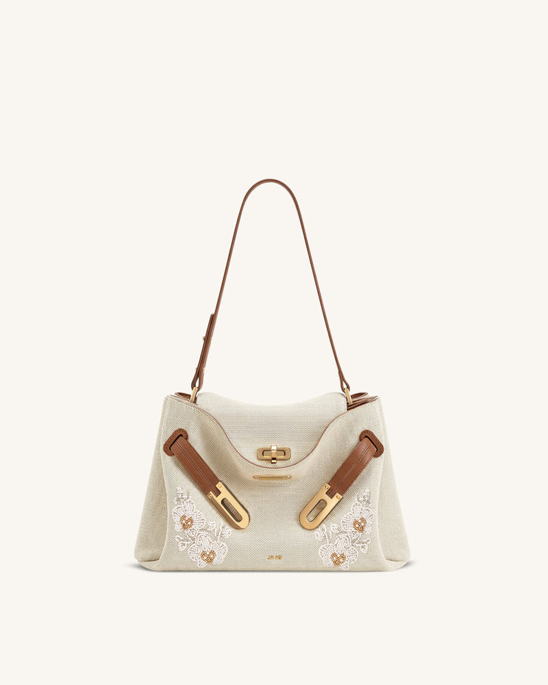 Rhea Double Buckle Shoulder Bag - Caramel Brown Canvas