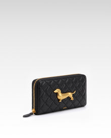 Maeve Quilted Dachshund Metal Emblem Zip Around Wallet - Black