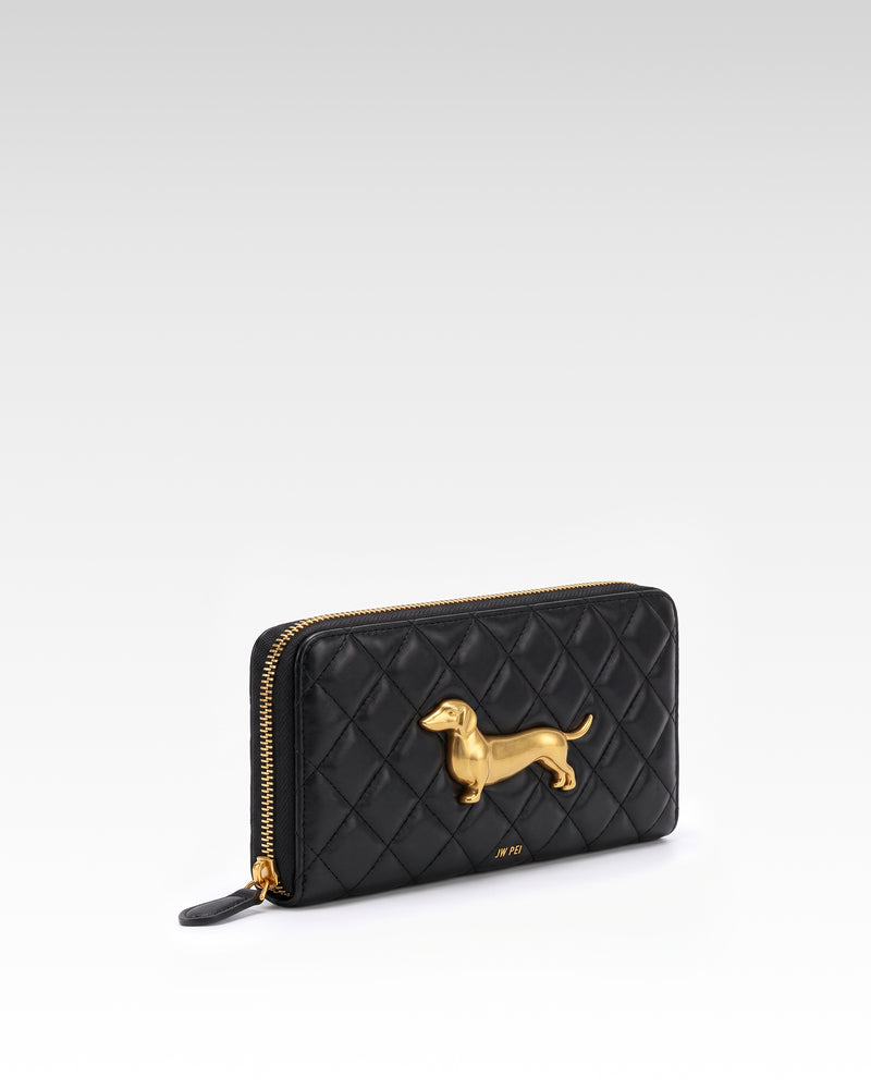 Maeve Quilted Dachshund Metal Emblem Zip Around Wallet - Black