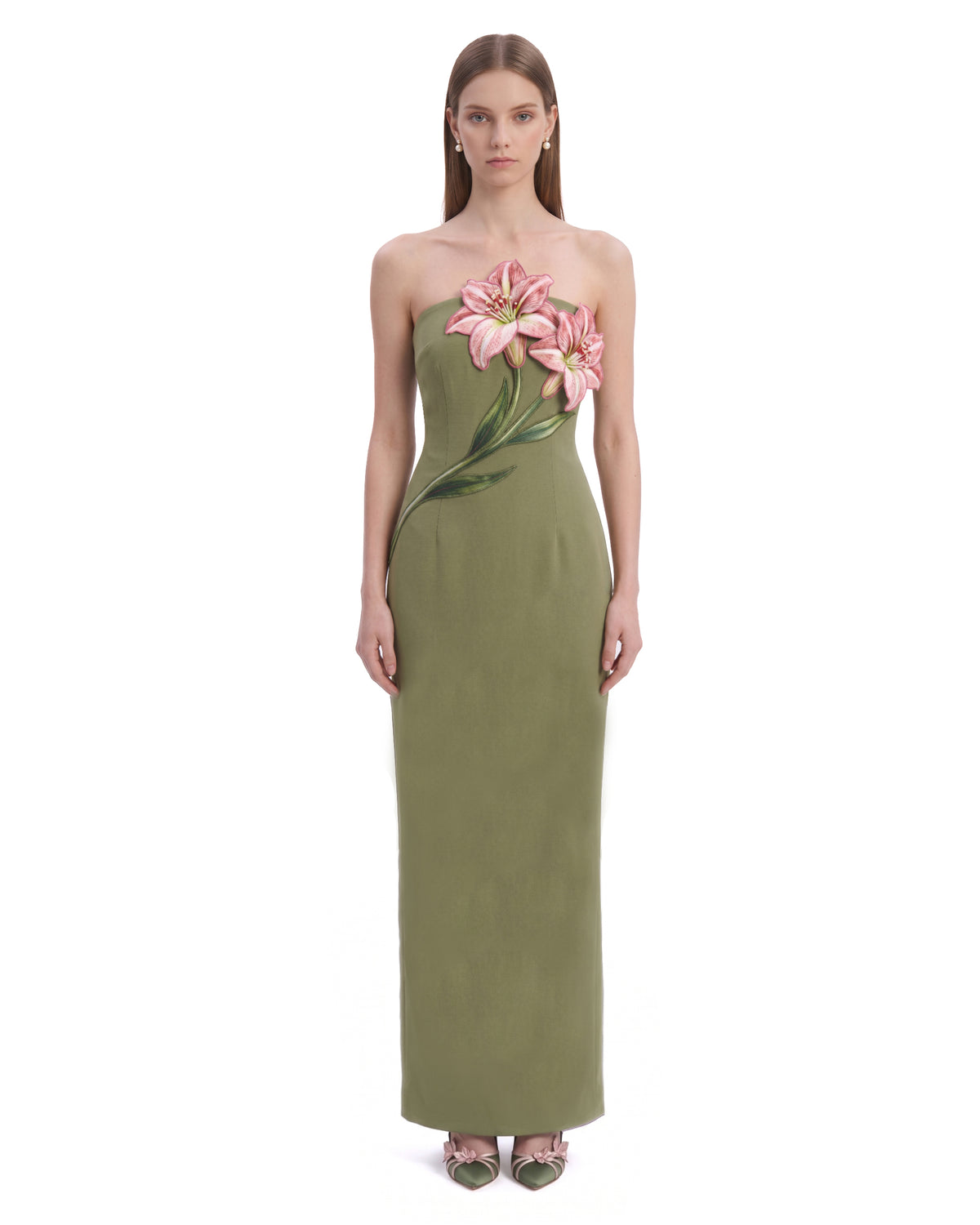 3D Amaryllis Strapless Column Maxi Dress - Olive Green