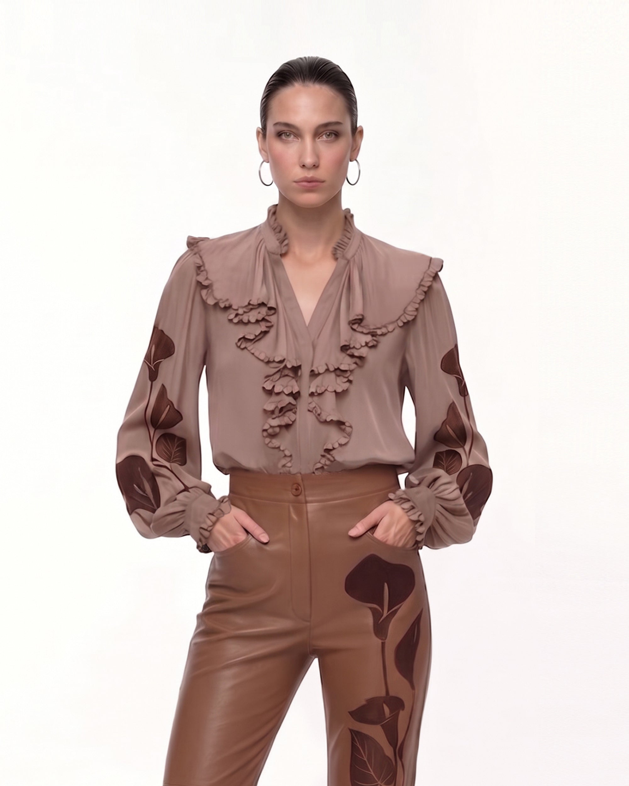 Calla Lily Ruffle Blouse - Brown