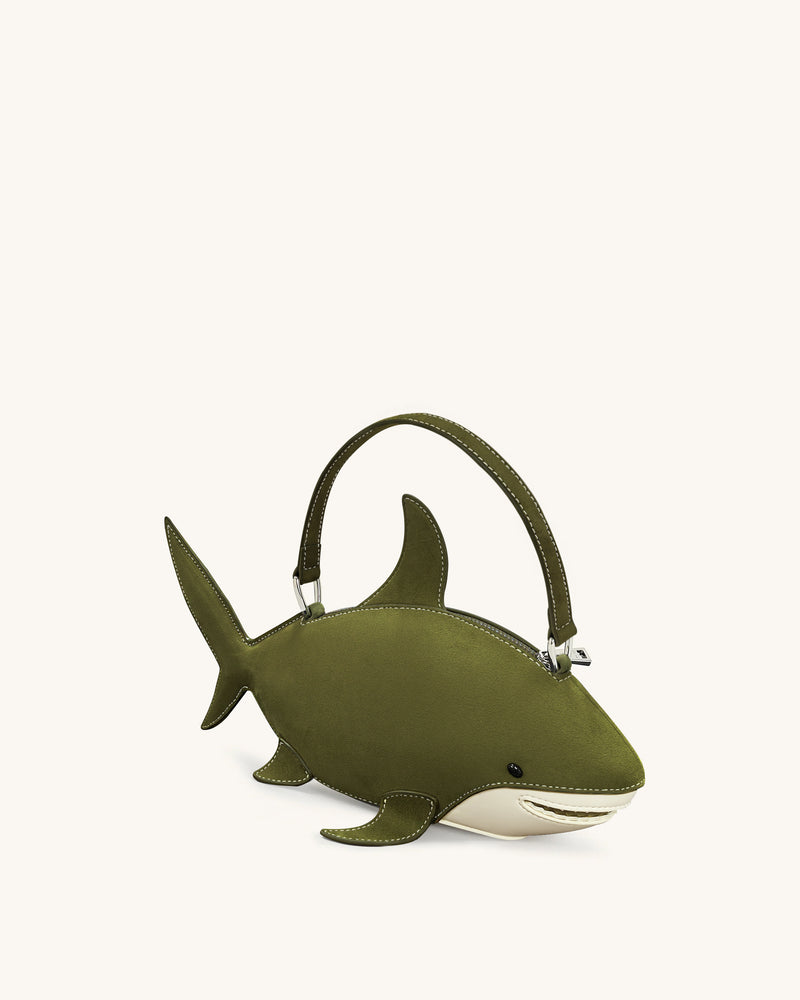 Nerys Faux Suede Shark Look Top Handle Bag - Dark Olive