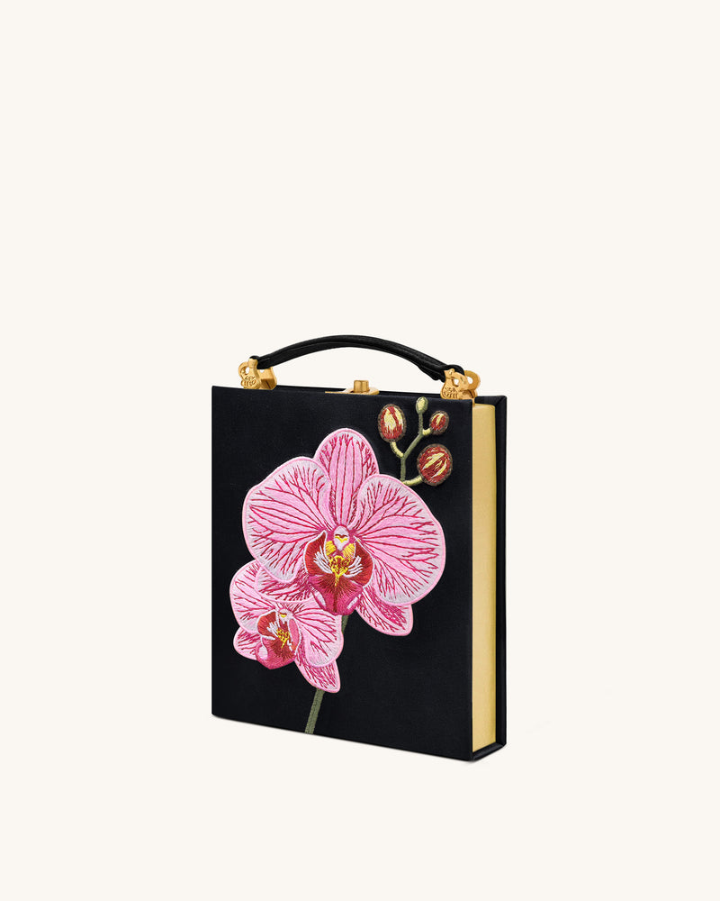 Taya Orchid Motif  Book Shape Clutch Bag - Black