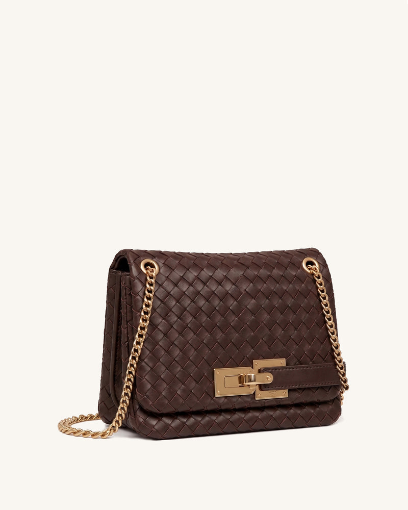 Keyla Woven Belt Lock Chain Crossbody Bag - Brown