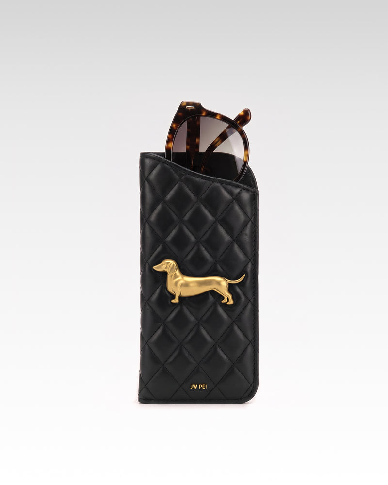 Maeve Quilted Dachshund Metal Emblem Glasses Case - Black