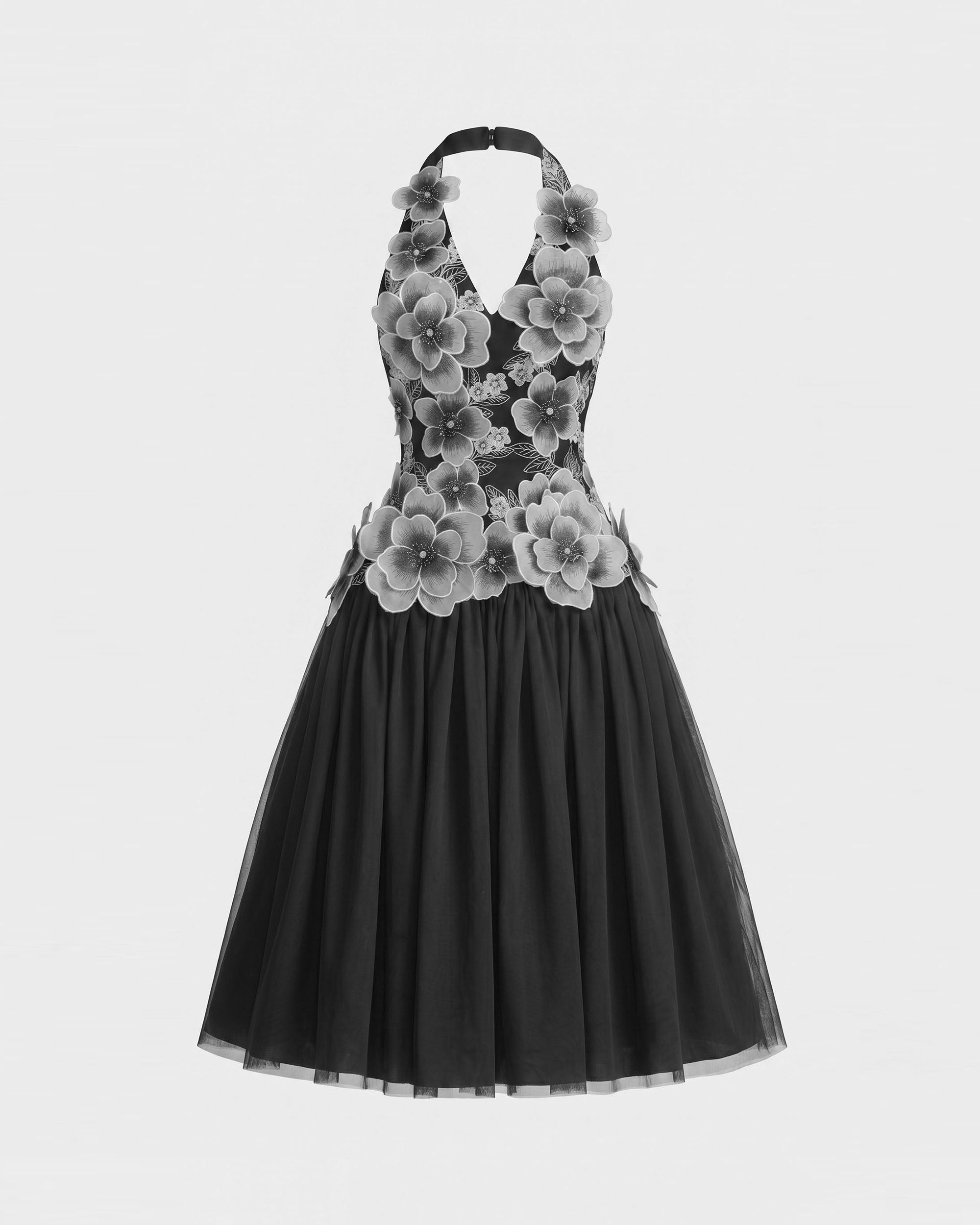Floral Embroidered Fit-and-Flare Midi Dress - Black