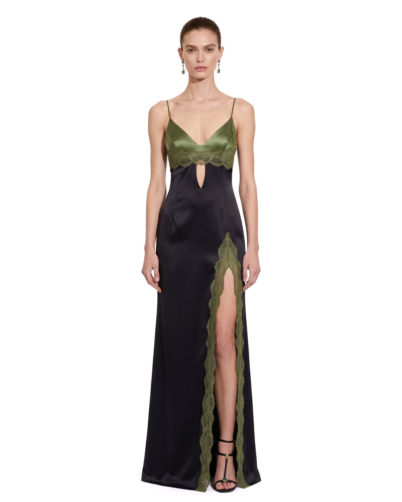 Lace-Trim Cutout Slit Satin Maxi Dress - Black & Olive