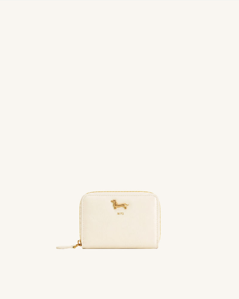 Maeve Dachshund Metal Emblem Zip Wallet - Pearl White