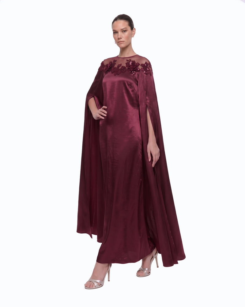 3D Floral Cape Maxi Dress - Deep Burgundy