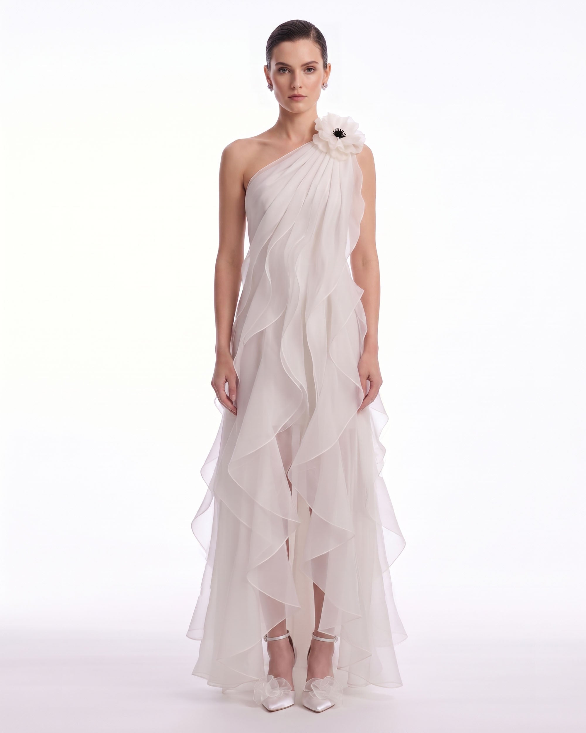 Floral Appliqué One-Shoulder Ruffle Maxi Dress - Ivory