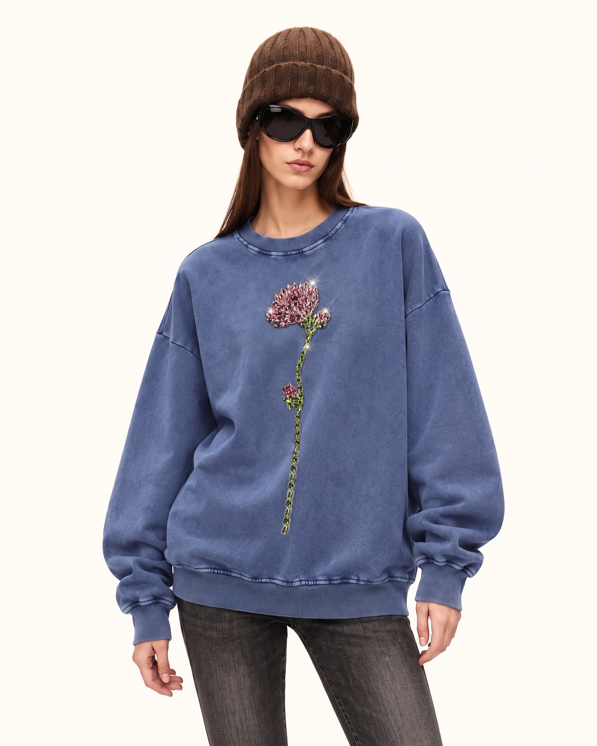 The Enchanted Rhinestone Rose Pullover - Acid Cobalt