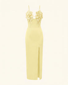 3D Floral Slit Maxi Dress - Butter Yellow