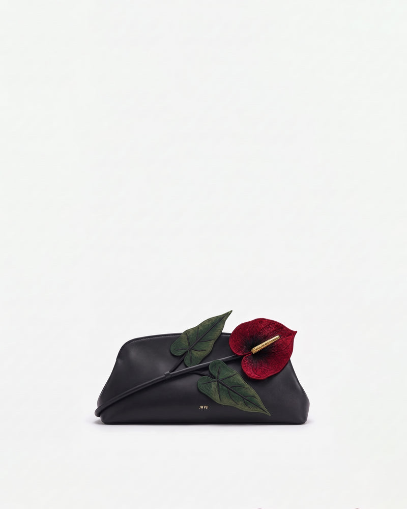 Anthurium 3D Embroidered Clutch - Black