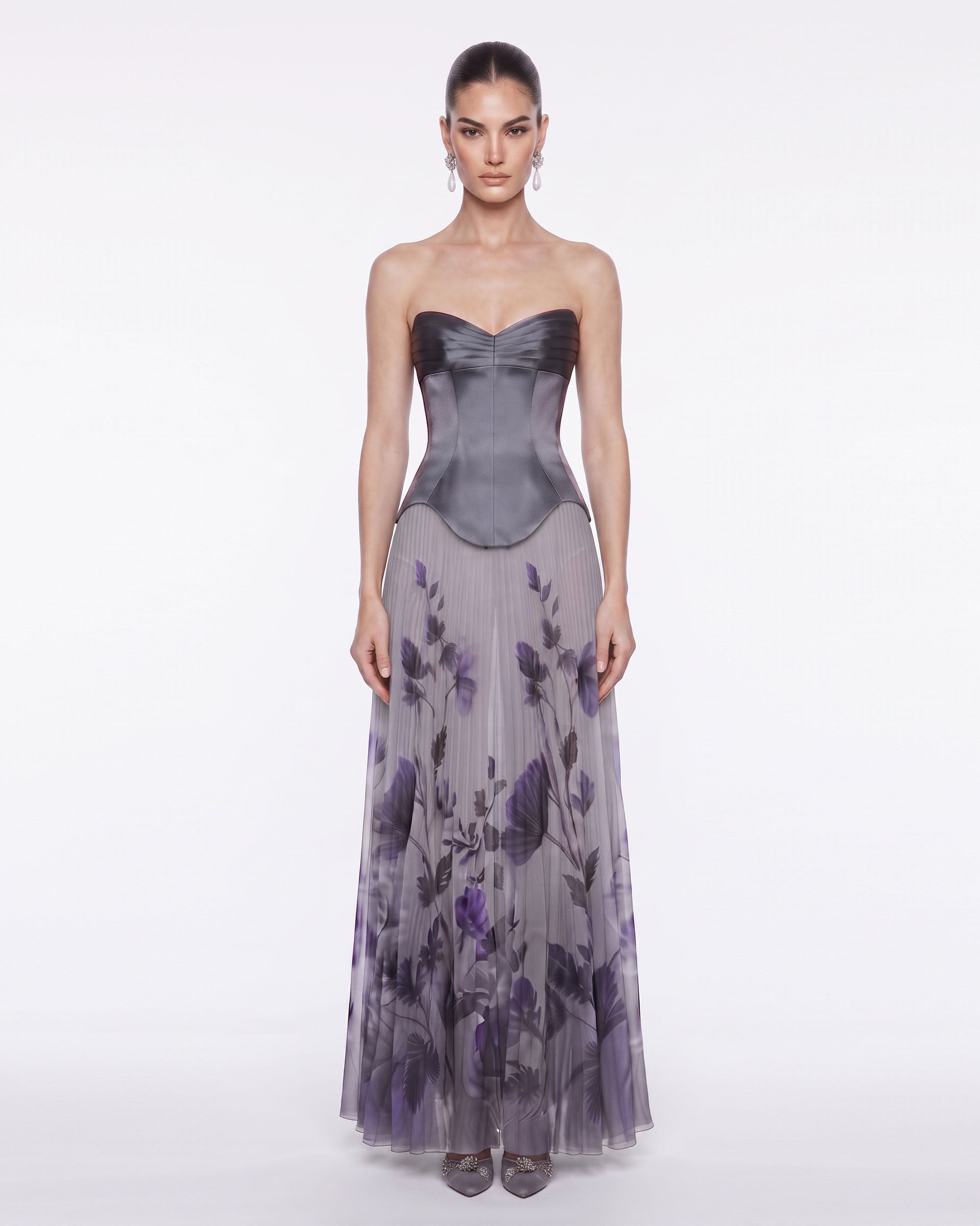 Floral Pleated Corset Maxi Dress - Slate Purple