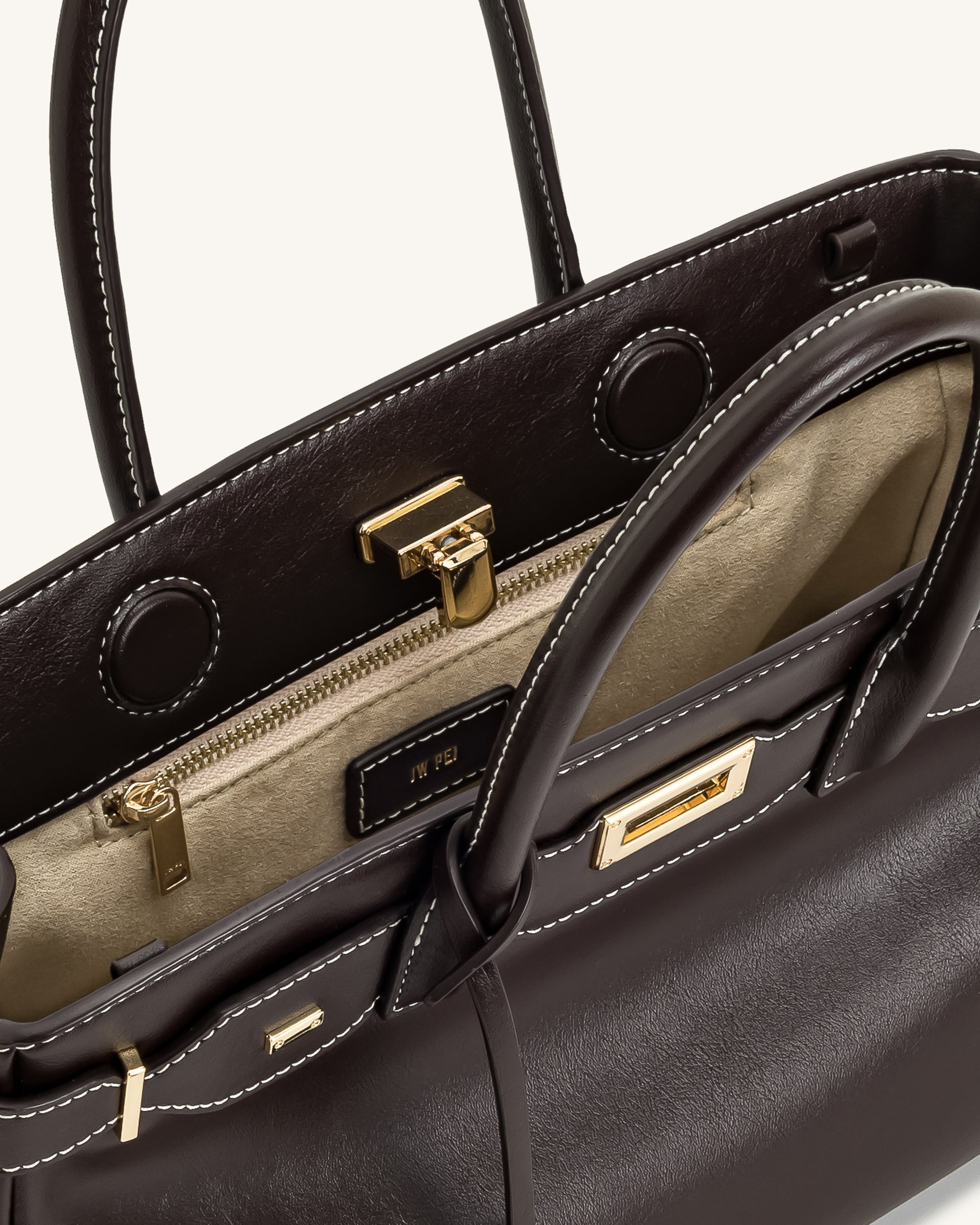 Ziva Metal Lock Decoration Tote Bag - Dark Brown | JW PEI