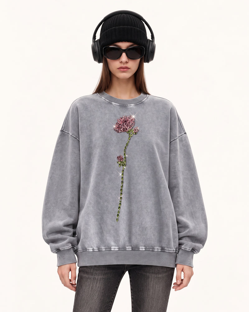 The Enchanted Rhinestone Rose Pullover - Washed Slate