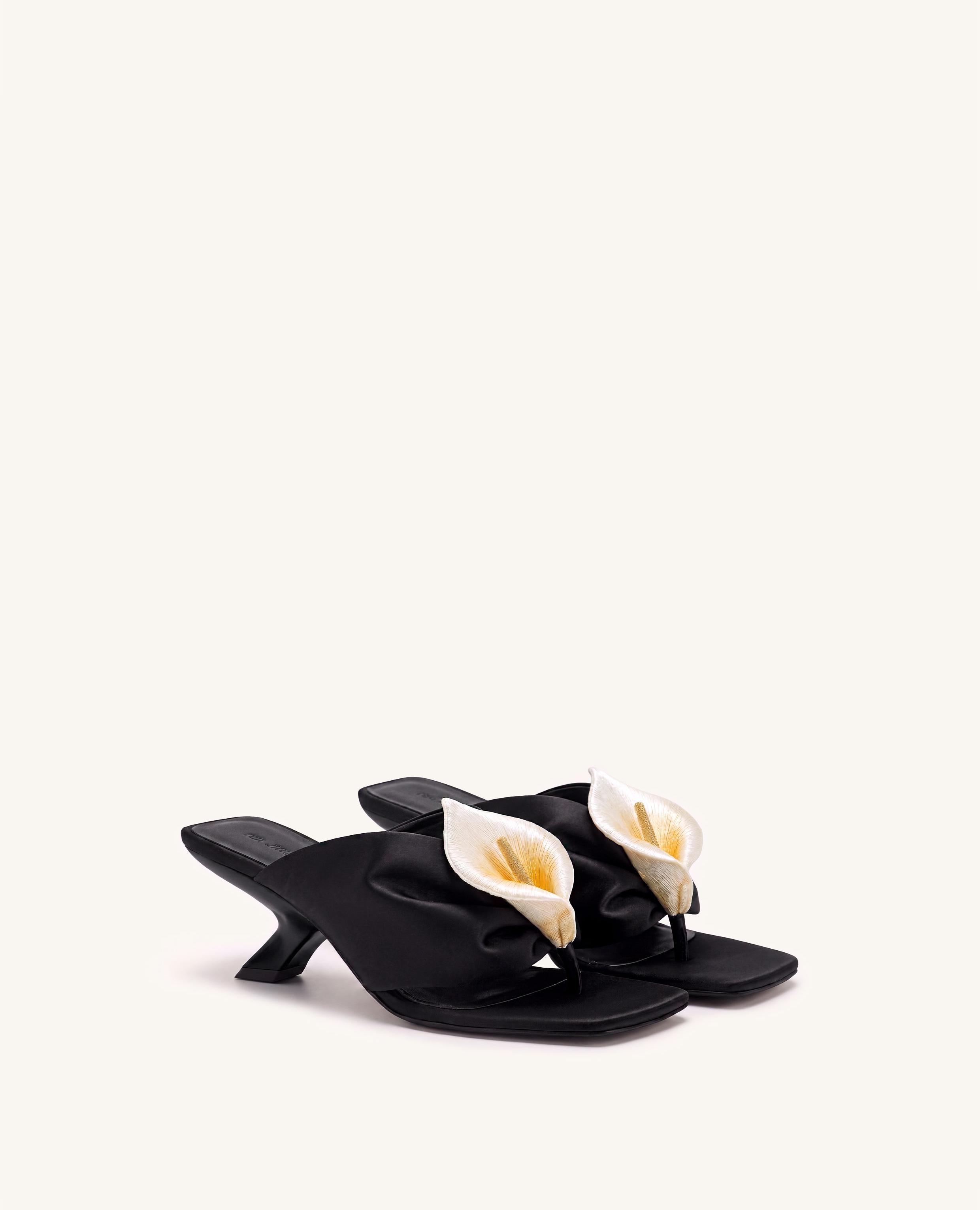Bianca Calla Lily Ruched Toe-Post Heeled Sandals - Black