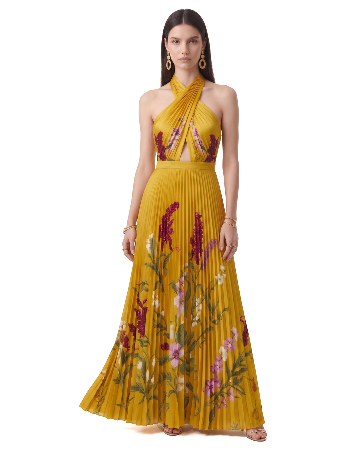Cross Halter Floral Cutout Pleated Dress - Yellow