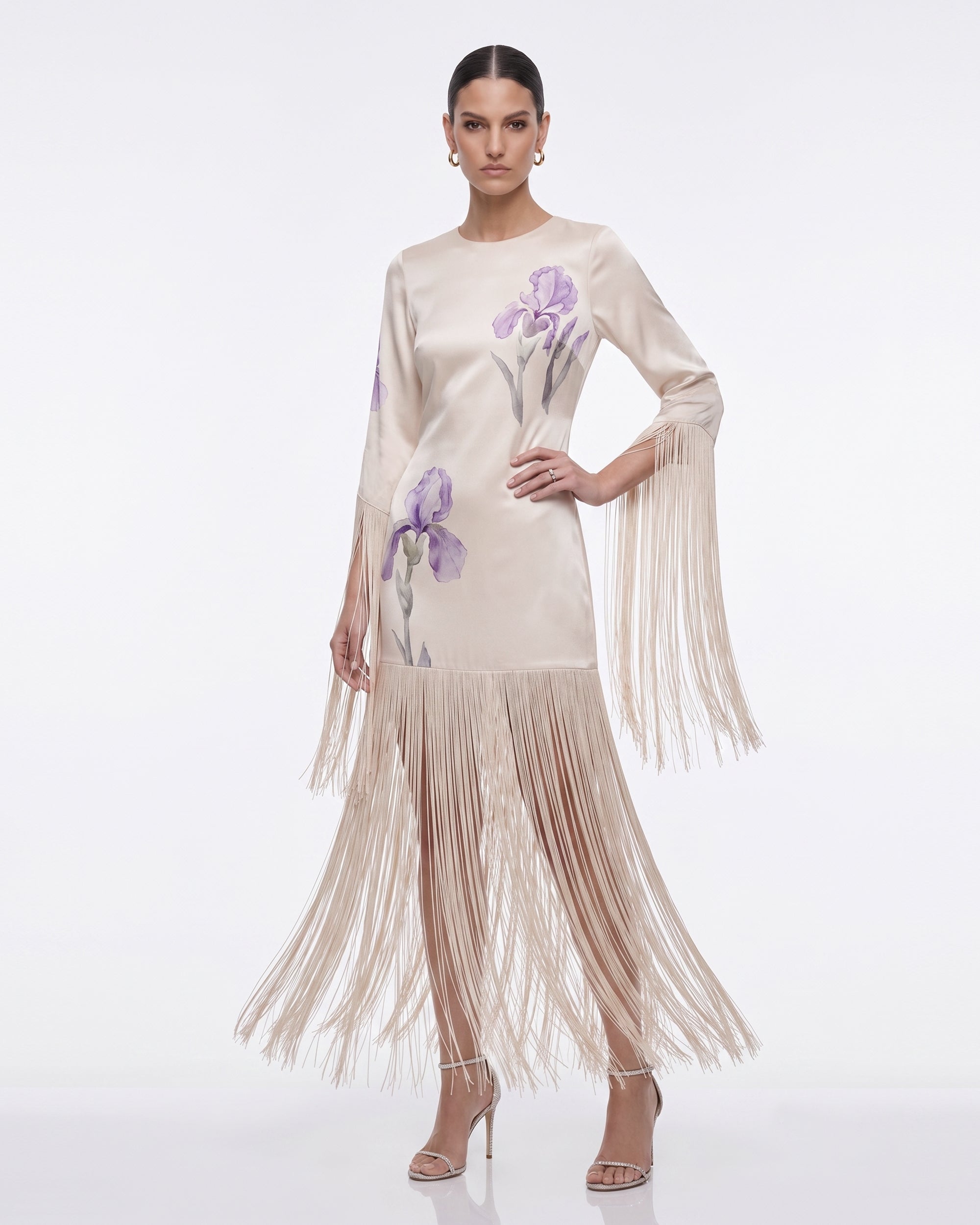 Iris Print Fringe Sleeve Midi Dress - Champagne