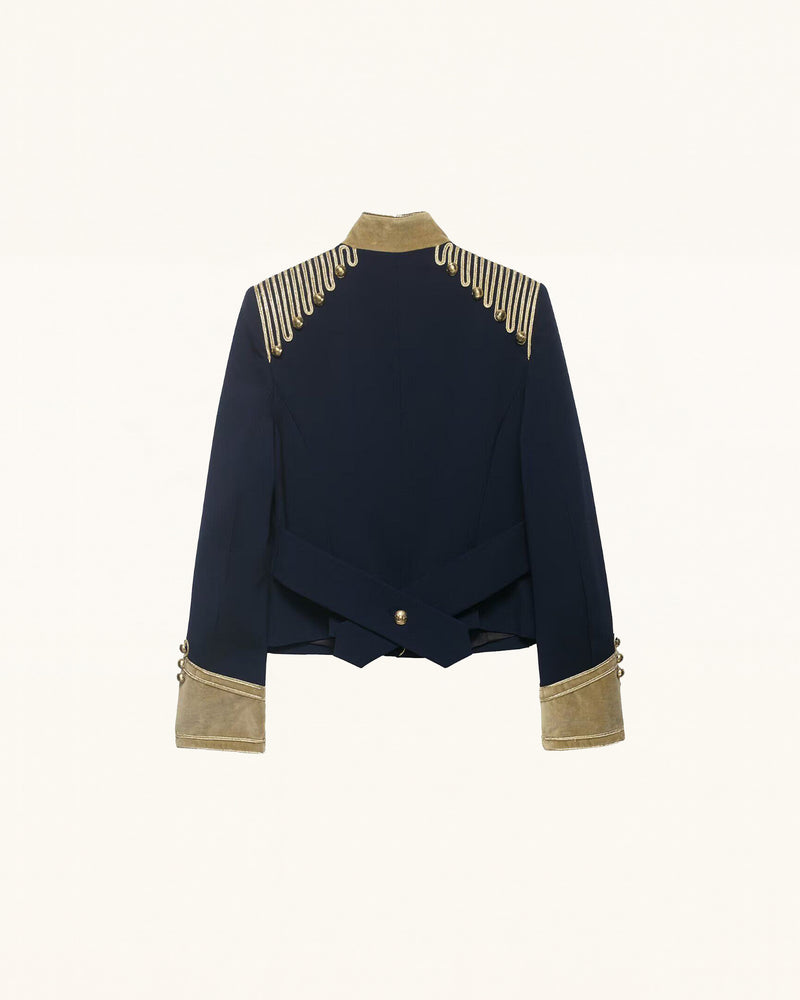 Embroidered Military Style Jacket - Navy Blue