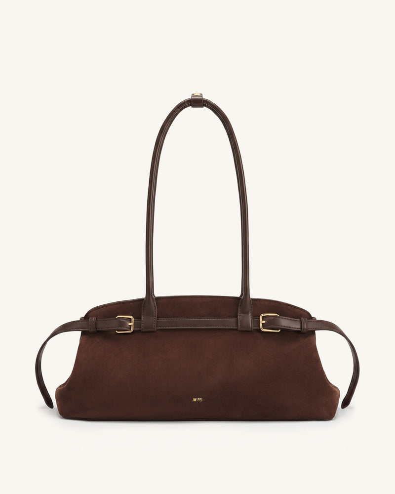 Arden Faux Suede Belt Detail East-West Shoulder Bag - Coffee Brown