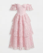 Orchid Embroidered Flutter-Sleeve Midi Dress - Blush Pink