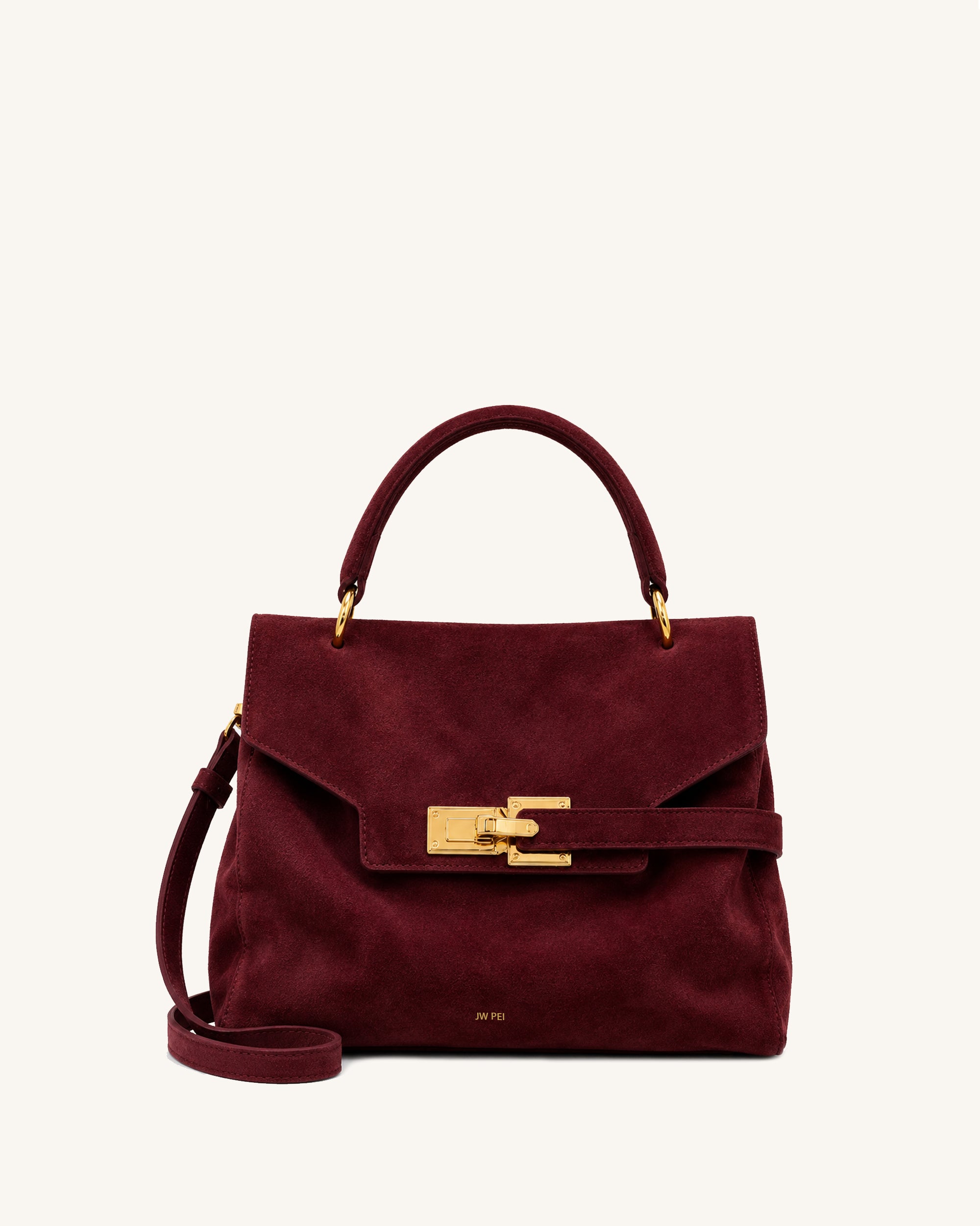 Keyla Faux Suede Belt Lock Top Handle Bag - Burgundy