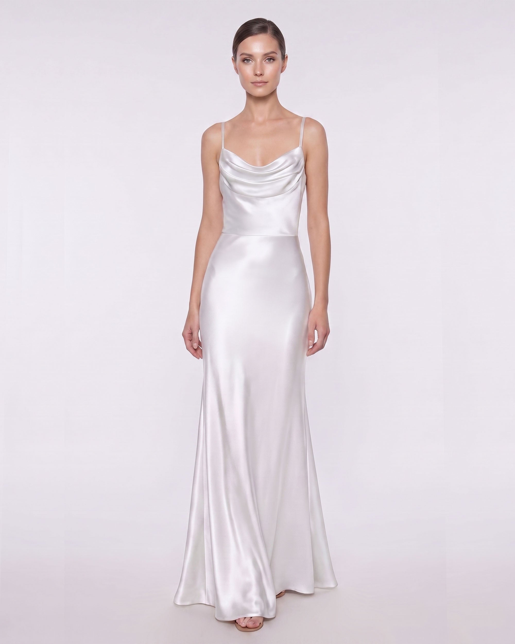 Satin Cowl Neck Spaghetti Strap Maxi Dress - White