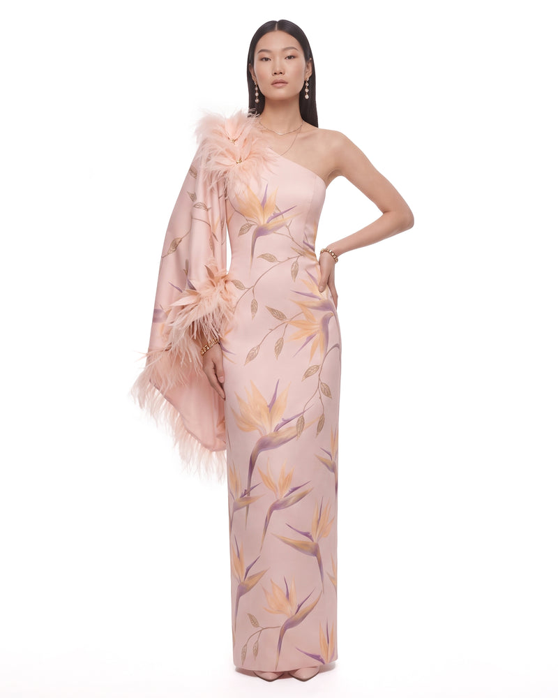 Bird of Paradise Feather-Trim One-Shoulder Maxi Dress - Pale Pink