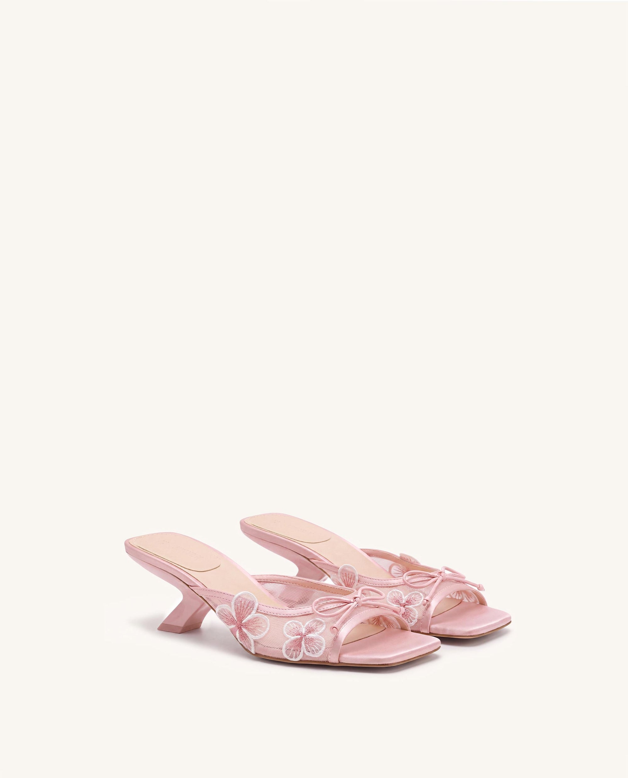 Mireille Bow Floral Embroidered Appliqué Mesh Heeled Sandals - Pink