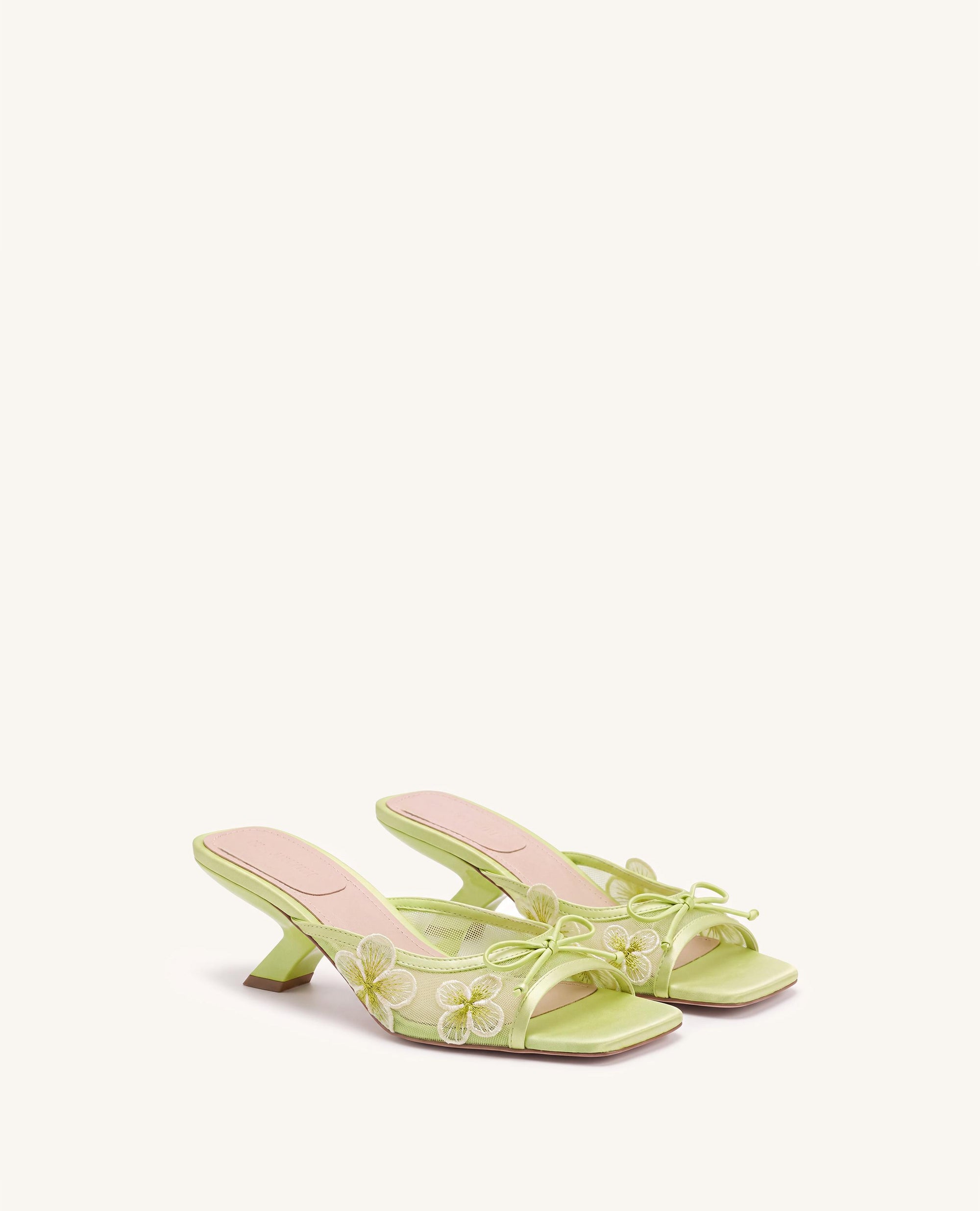 Mireille Bow Floral Embroidered Appliqué Mesh Heeled Sandals - Chartreuse