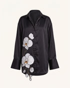Orchid Embroidered Silk-Feel Button-Down Shirt - Black