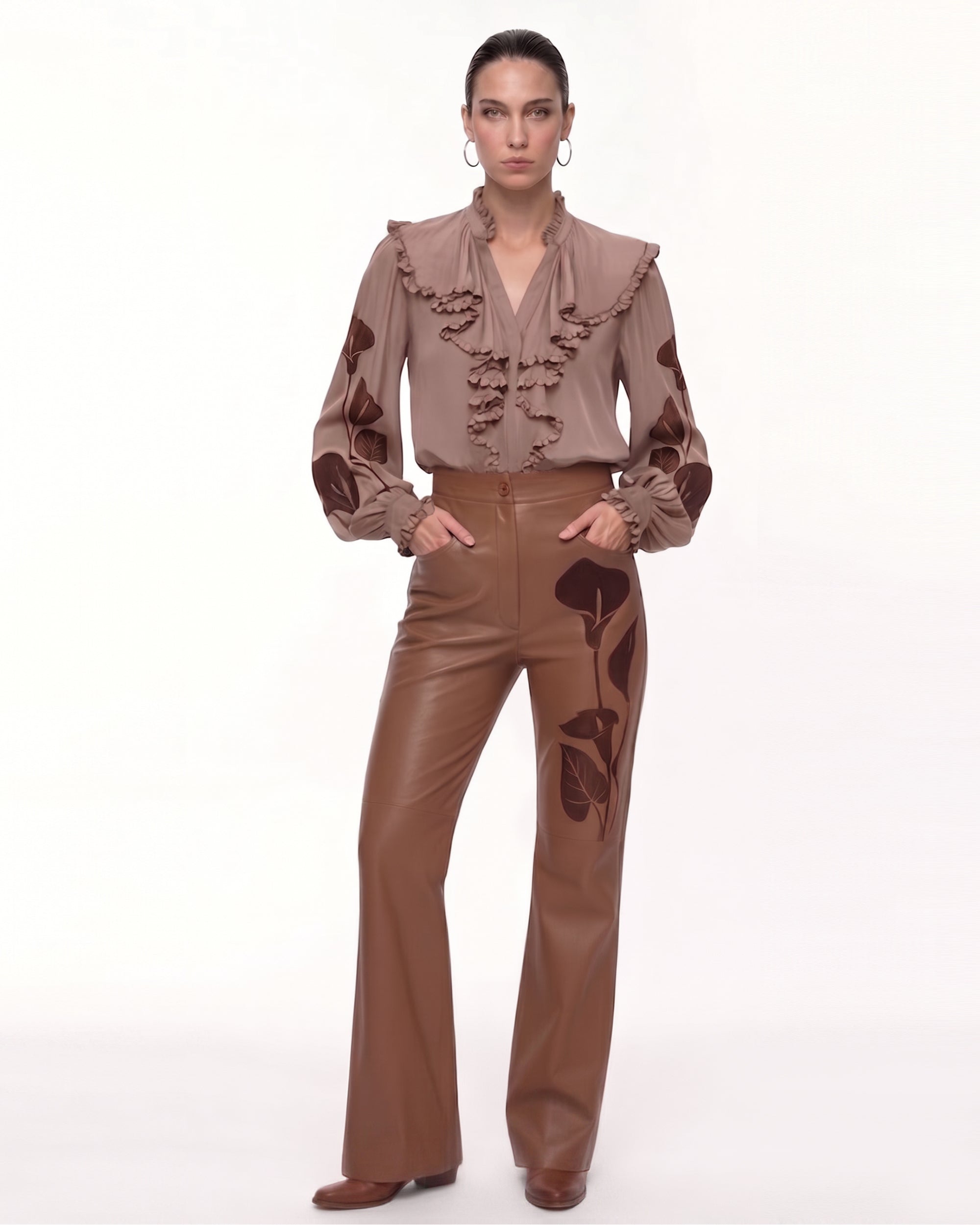 Calla Lily Heat Transfer Leather Pants - Brown