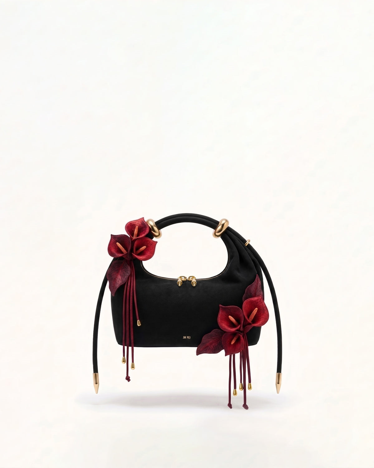 Ellie Faux Suede Metal Ring 3D Calla Embellished Top Handle Bag - Black/Red