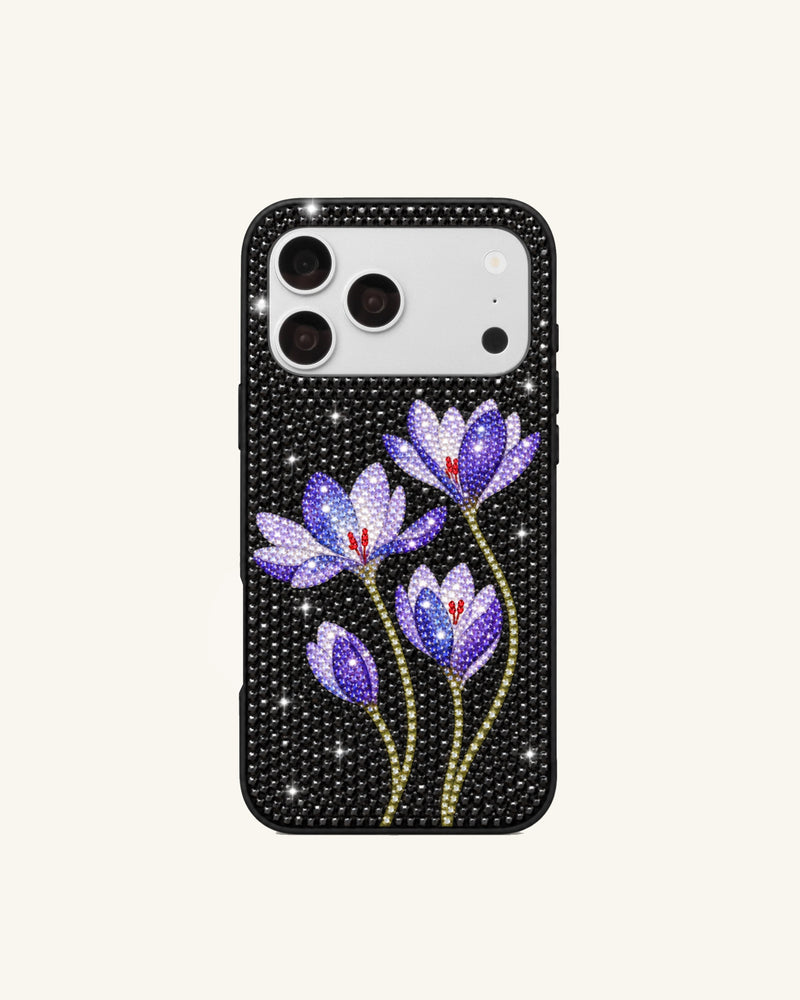 Crocus Motif Artificial Crystal Phone Case - Black
