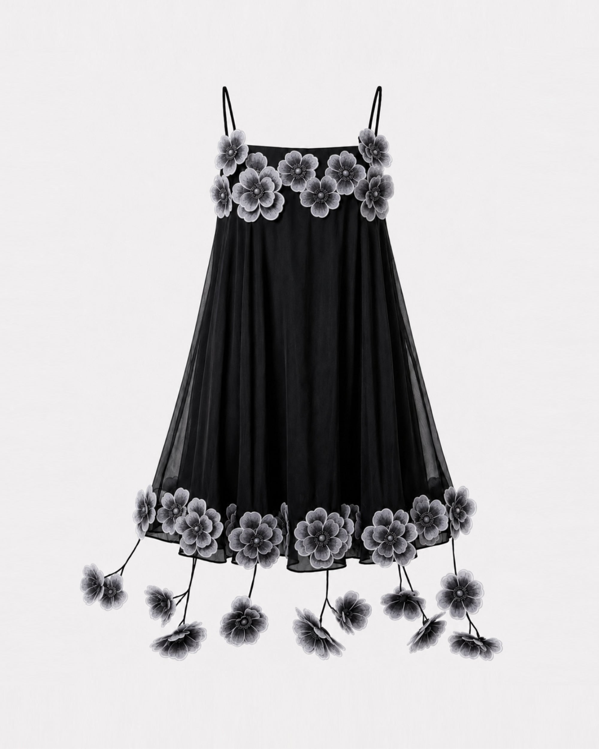 Floral Embroidered Drop-Trim Mini Dress - Black