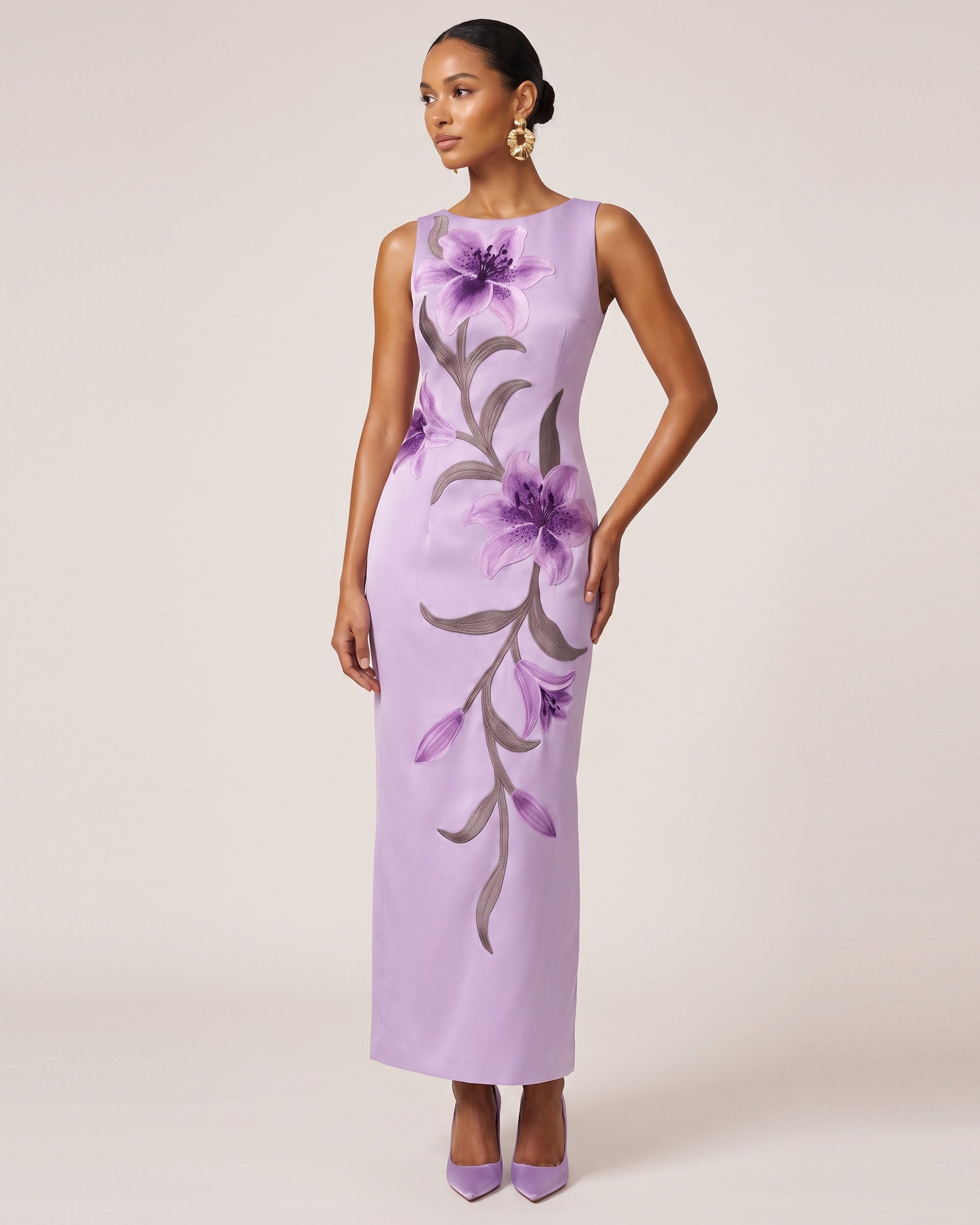 pastel purple maxi dress Lily Floral Print Sleeveless Column - Light MOTB Size:2XL-4XL Hidden back zipper/clasp Chic Red Sleeveless Mermaid