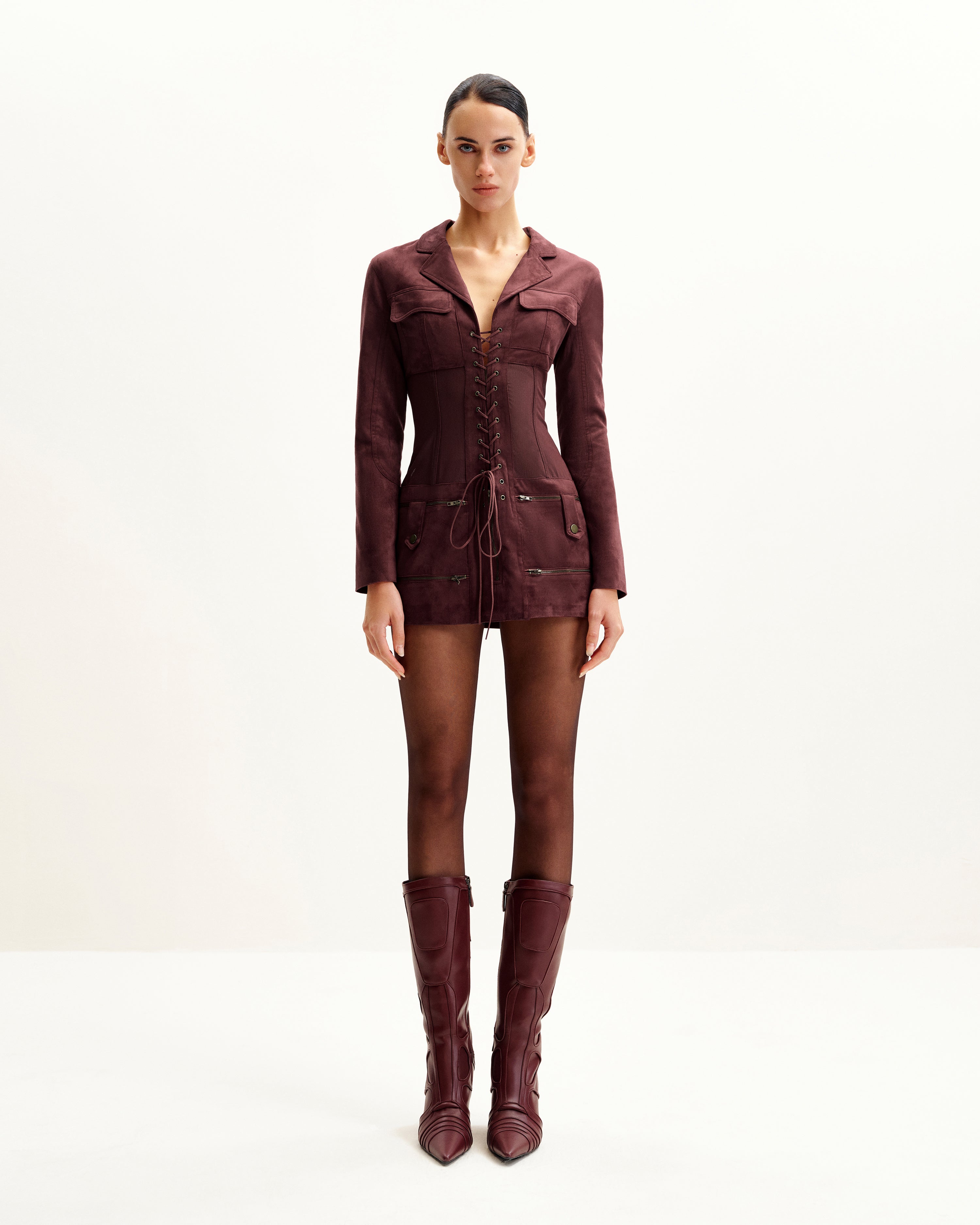 Faux Suede Corset Jacket Mini Dress - Claret | JW PEI