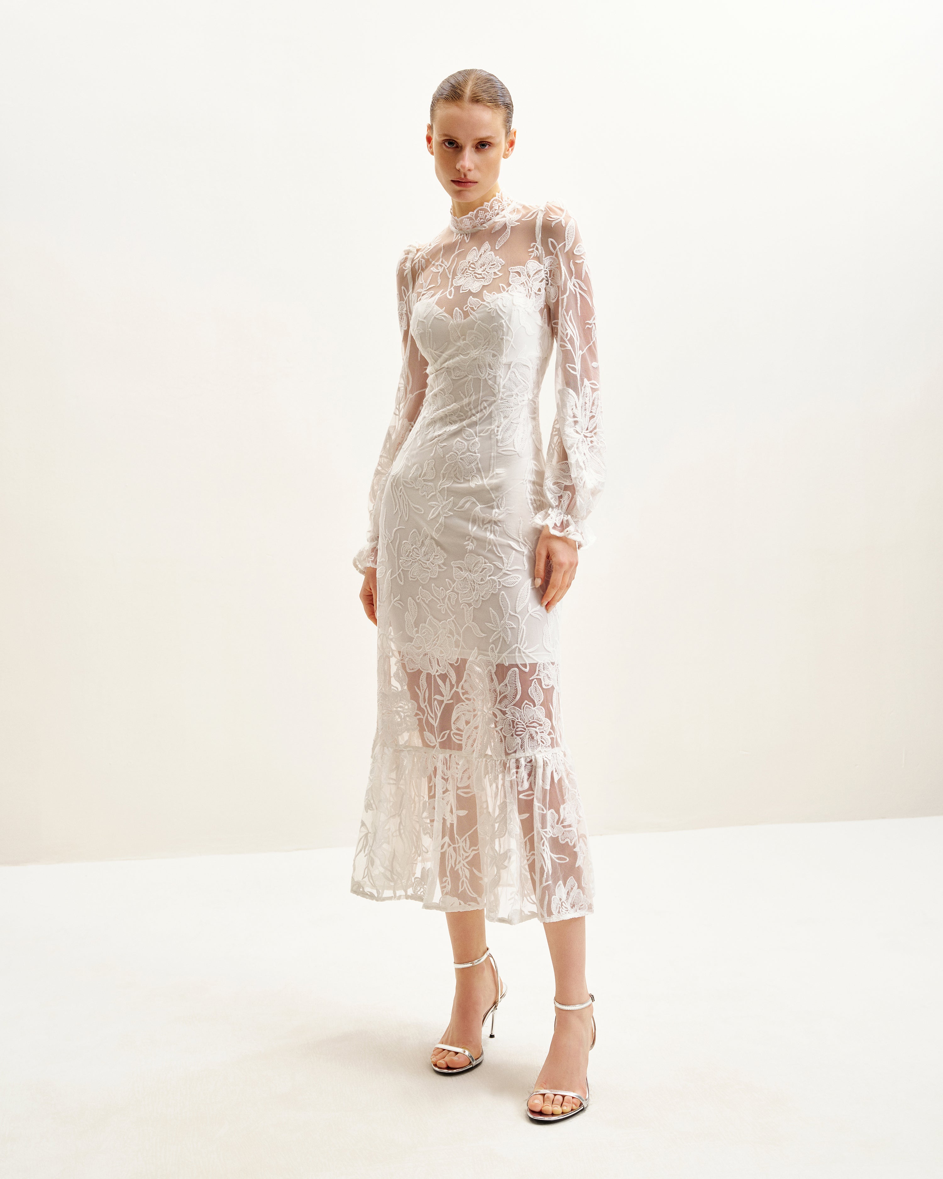 Elegant Lace Midi Dress - White | JW PEI