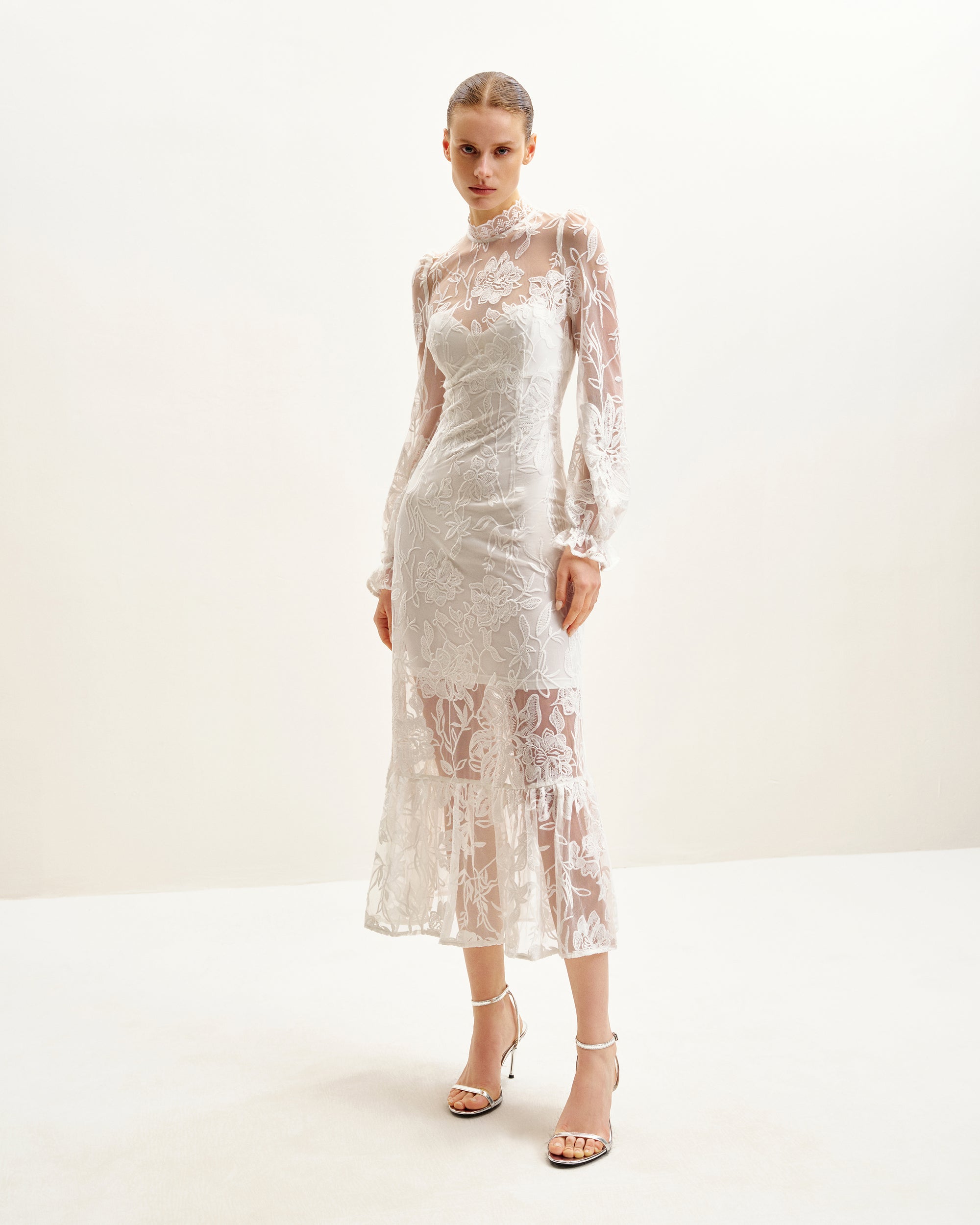 Elegant Lace Midi Dress - White