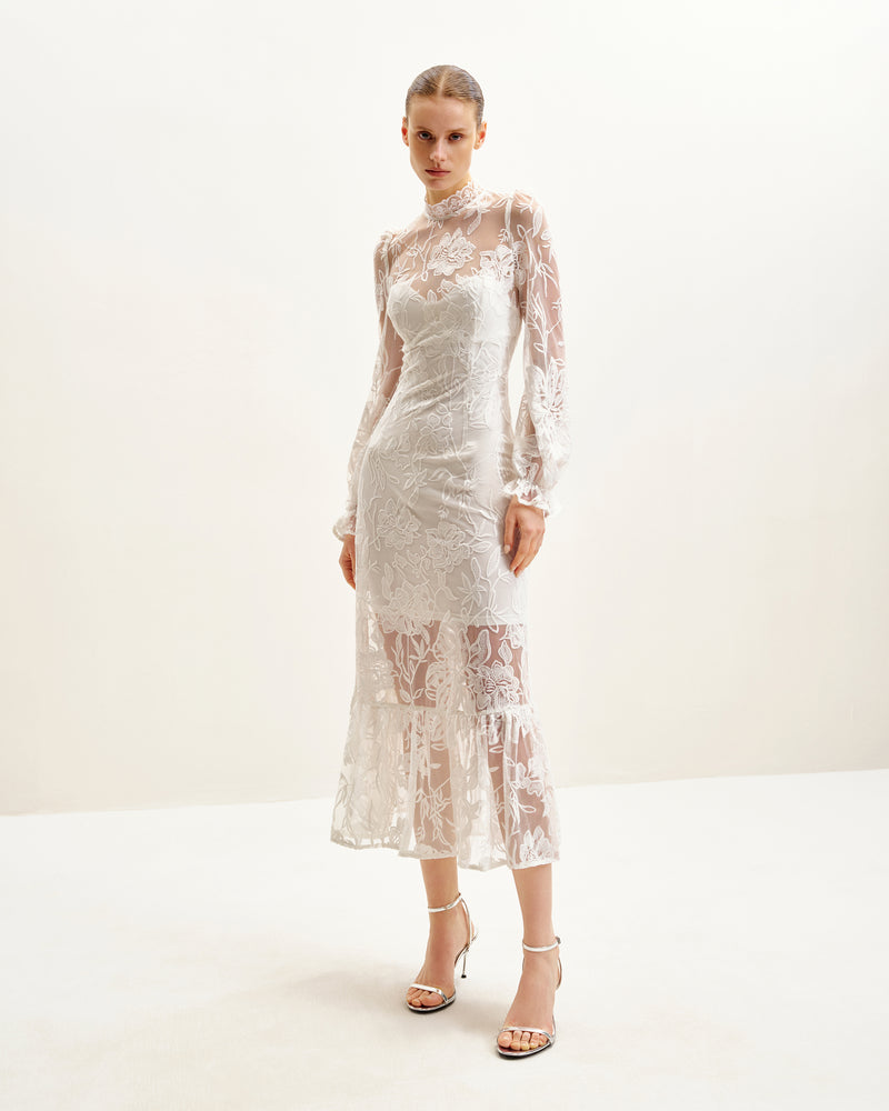 Elegant Lace Midi Dress - White