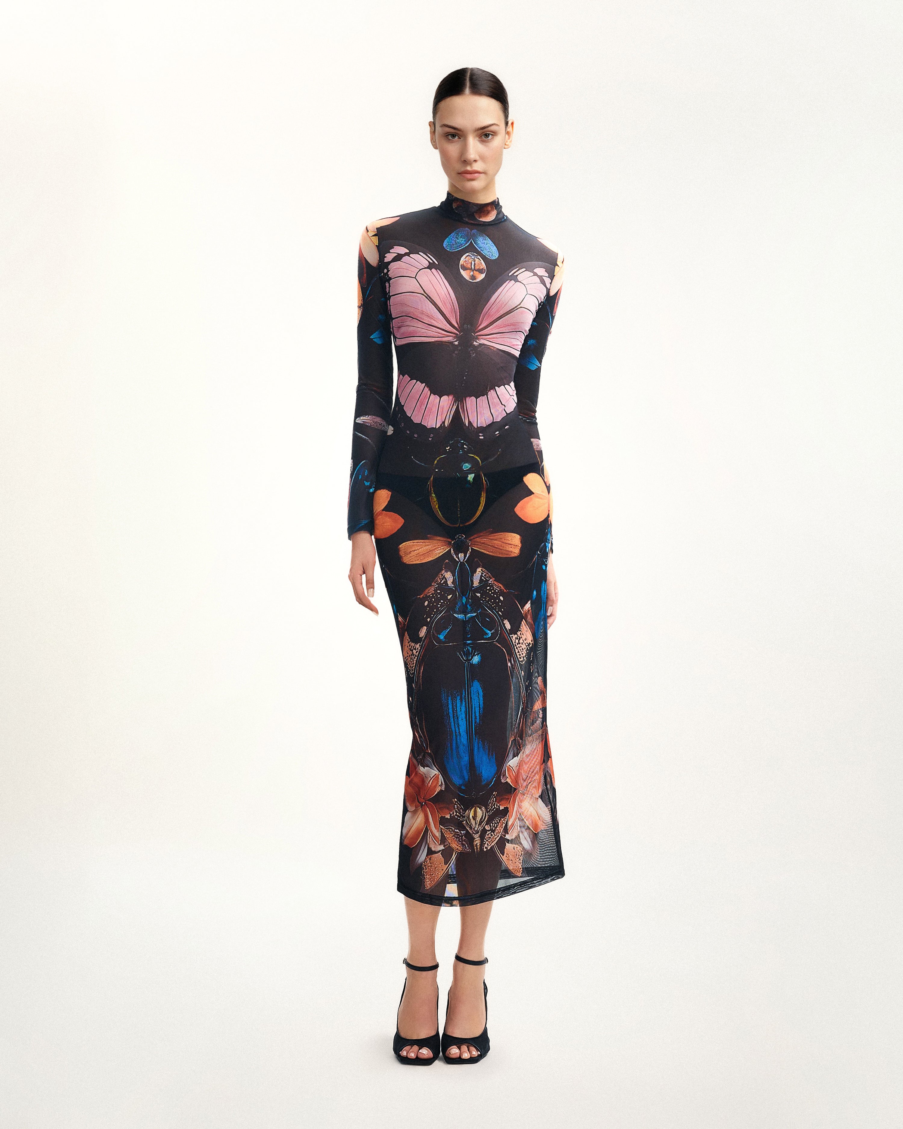 Sheer Butterfly and Beetle Gown - Multicolor