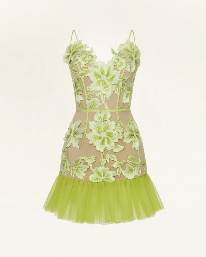 Floral Sling Mini Dress - Green