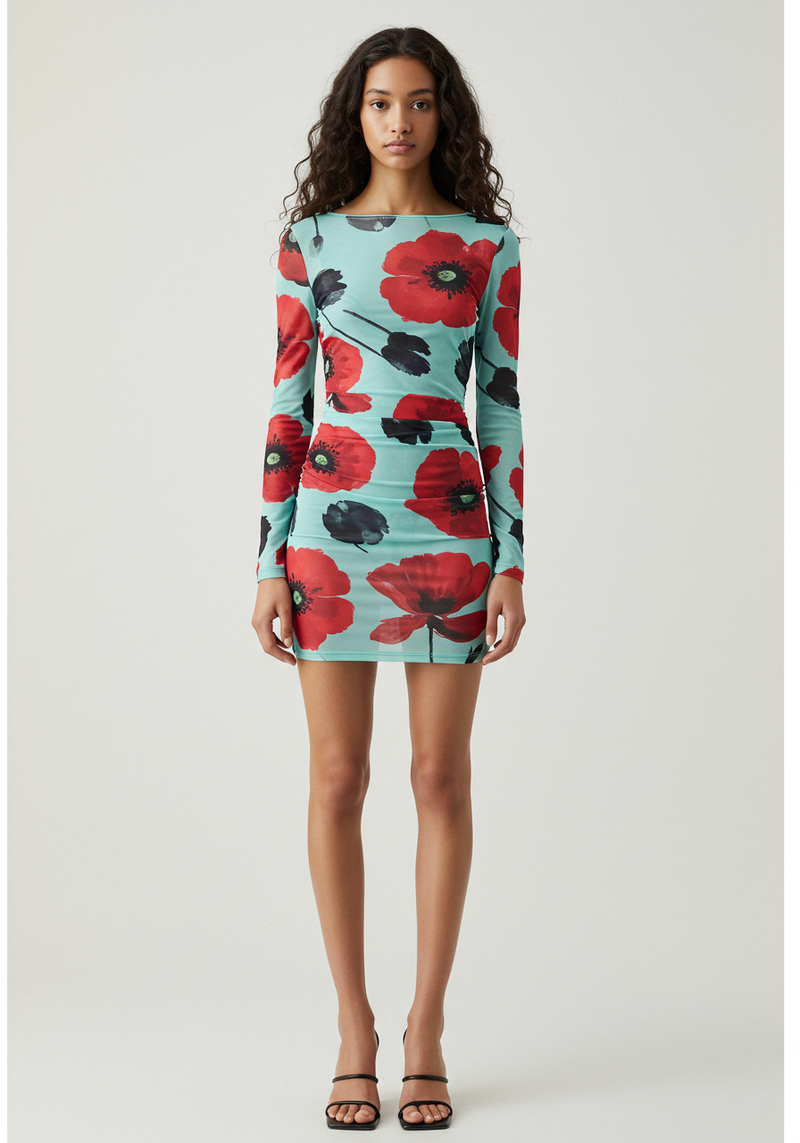 Floral Print Long Sleeve Mini Dress - Mint/Red