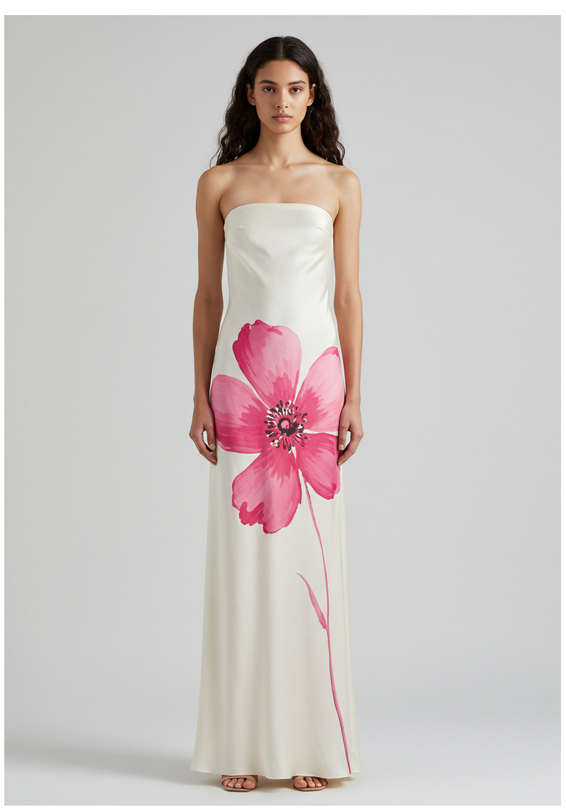 Strapless Floral Maxi Dress - Ivory/Pink