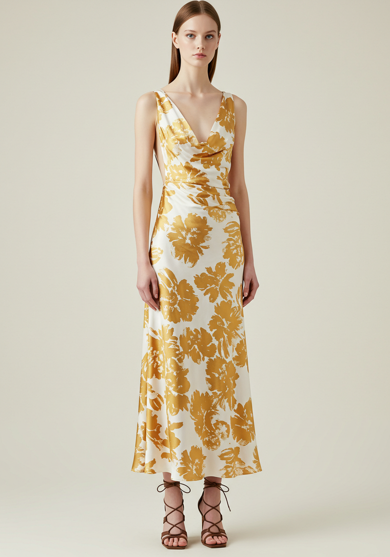 Floral Print V-neck Maxi Dress - White/Gold